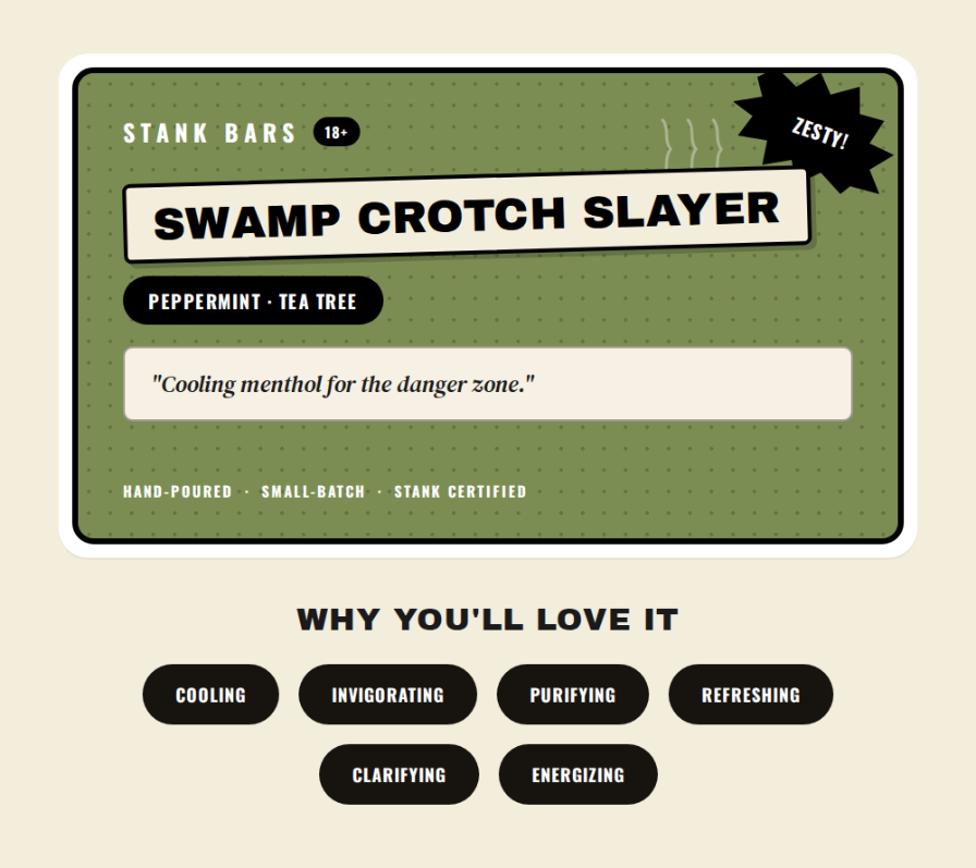A product graphic for Stank Bars 'Swamp Crotch Slayer' e-liquid. The main card is olive green with black and white text, featuring the scent 'Peppermint - Tea Tree' and a quote.