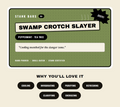 A product graphic for Stank Bars 'Swamp Crotch Slayer' e-liquid. The main card is olive green with black and white text, featuring the scent 'Peppermint - Tea Tree' and a quote.