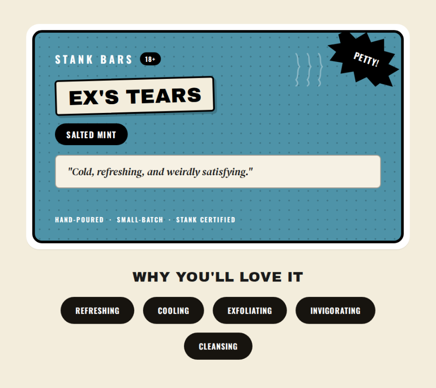 A stylized product graphic for Stank Bars Ex's Tears hand-poured balm. The card features a teal background with white and black text, including a quote and a starburst that says 'Petty!'.