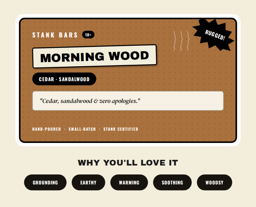 A product graphic for Stank Bars 'Morning Wood' scent, featuring a brown textured card with black and cream text, plus five dark oval buttons below labeled Grounding, Earthy, Warming, Soothing, and Woodsy on a light beige background.