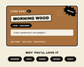 A product graphic for Stank Bars 'Morning Wood' scent, featuring a brown textured card with black and cream text, plus five dark oval buttons below labeled Grounding, Earthy, Warming, Soothing, and Woodsy on a light beige background.