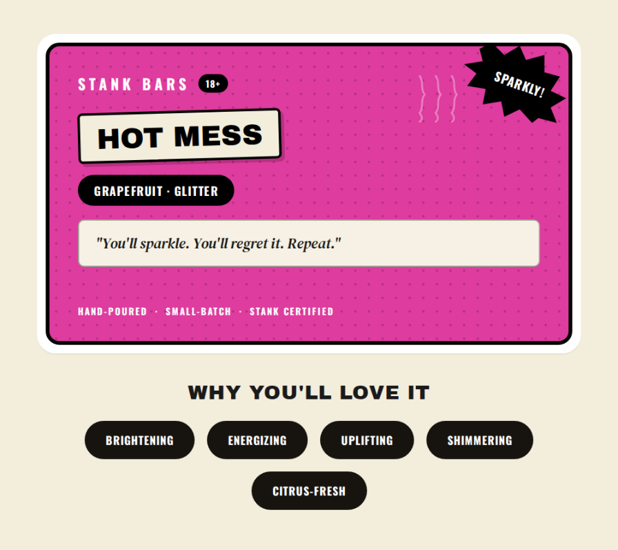 A graphic card for Stank Bars 'Hot Mess' sparkly grapefruit scent, featuring a bright pink background with white and black text, and a list of benefits below on a light beige background.