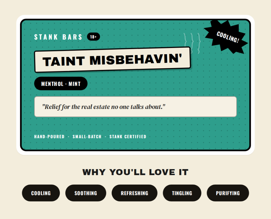 A stylized product graphic for Stank Bars 'Taint Misbehavin'' on a beige background. The main card is teal with rounded corners, black text, and a black starburst reading 'COOLING!'.