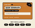 A stylized graphic card for Stank Bars Beer Goggles, featuring a warm orange card with black text and a cream text box, set against a light beige background. Below the card, five black pill-shaped badges read 'BOLD', 'WARMING', 'CITRUSY', 'ROBUST', and 'UPLIFTING'.