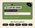 A Stank Bars product card for 'In-Law Be Gone' on a light beige background. The card is olive green with white and black text, featuring a quote and scent notes of Cedarwood & Sage & Eucalyptus.