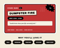 A graphic card for Stank Bars 'Dumpster Fire' scent, featuring a red background with white text and a black starburst reading 'LIFE!'. Below the card, five black pill-shaped badges list benefits: BOLD, ENERGIZING, PURIFYING, UPLIFTING, and SMOKY-WARM.
