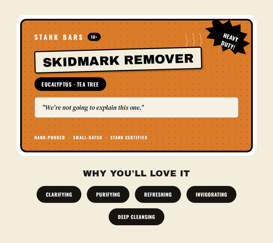 A product graphic for Stank Bars Skidmark Remover. The main card is orange with black text and a white product name banner.