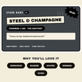 A graphic card for Stank Bars 'Steel & Champagne' fragrance, featuring a dark gray textured background with cream-colored text boxes and a black starburst reading 'Swank!'. Below the card, the text 'WHY YOU'LL LOVE IT' is displayed above five black pill-shaped labels reading 'Sophisticated', 'Balancing', 'Uplifting', 'Grounding', and 'Refined' on a light beige background.
