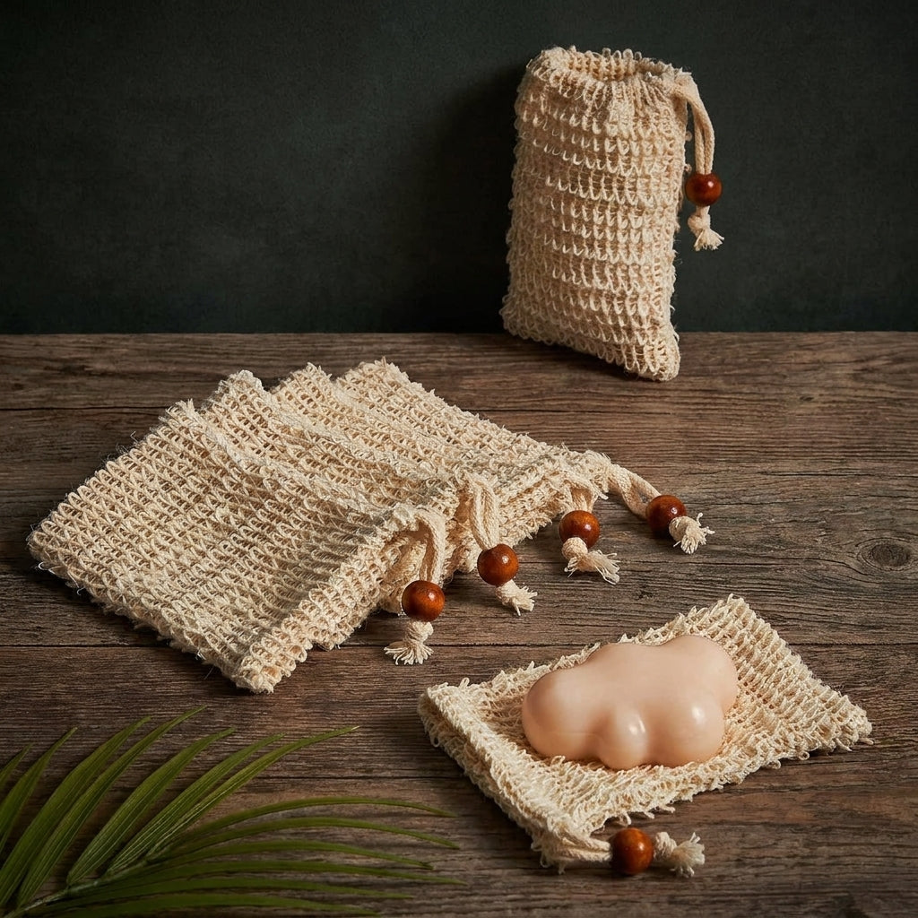 Three cream-colored woven cotton drawstring pouches with wooden beads are arranged on a rustic wooden surface against a dark green background. One pouch is standing upright, two are laid flat, and a small peach-colored silicone object rests on one of the pouches.