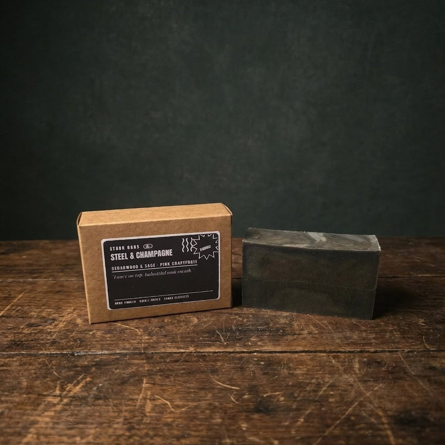A dark gray rectangular bar of soap sits beside its brown kraft paper packaging box on a rustic wooden table against a dark textured background. The box label reads 'STAINLESS & HAMPSHIRE' and 'THE BAR SOAP CO.