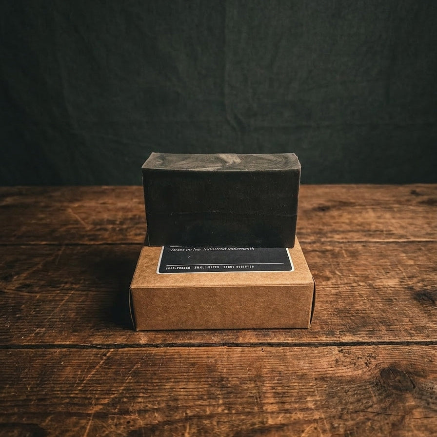 A rectangular black soap bar with a dark label sits on top of a brown kraft paper box on a rustic wooden table against a dark backdrop.