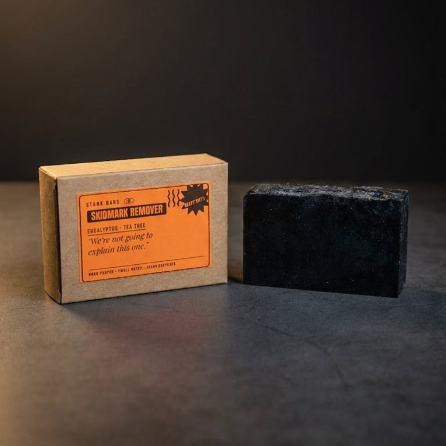 A dark charcoal soap bar next to its kraft paper packaging box with a bright orange label, set against a dark gray background.