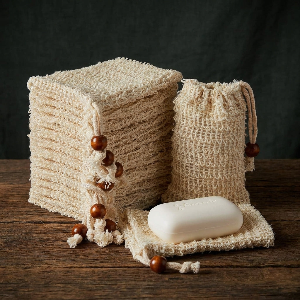 A set of natural beige loofah soap bars with wooden bead tassels, including a stack of soap bars, a drawstring bag, and a single soap bar resting on a small loofah patch on a dark wooden table.