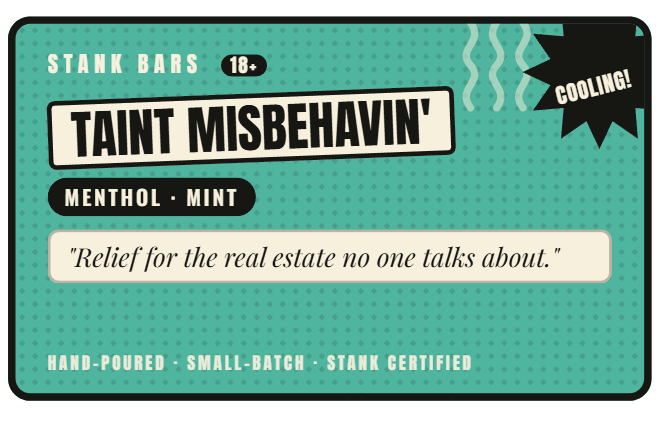 A square product card for Stank Bars 'Taint Misbehavin'' menthol-mint hand-poured cannabis balm. The card features a retro design with a teal background, white and black text, and a black starburst badge that says 'COOLING!'.