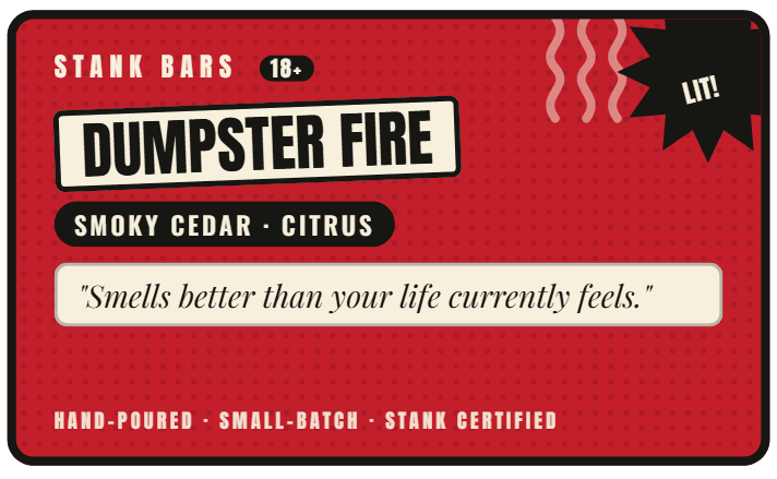 A red rectangular product card or packaging panel for Stank Bars 'Dumpster Fire' smoky cedar - citrus scent. The card features a black border, white and black text, a quote in a cream-colored box, and a black starburst reading 'LIT!' with pink steam illustrations.